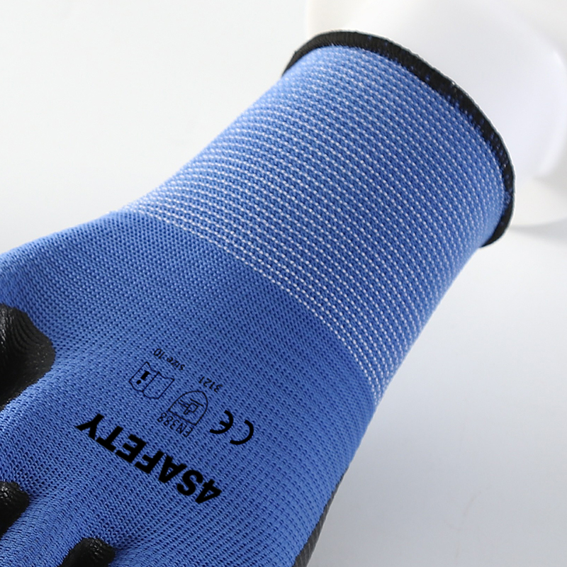 Blue zebra polyester with black nitrile coating gloves