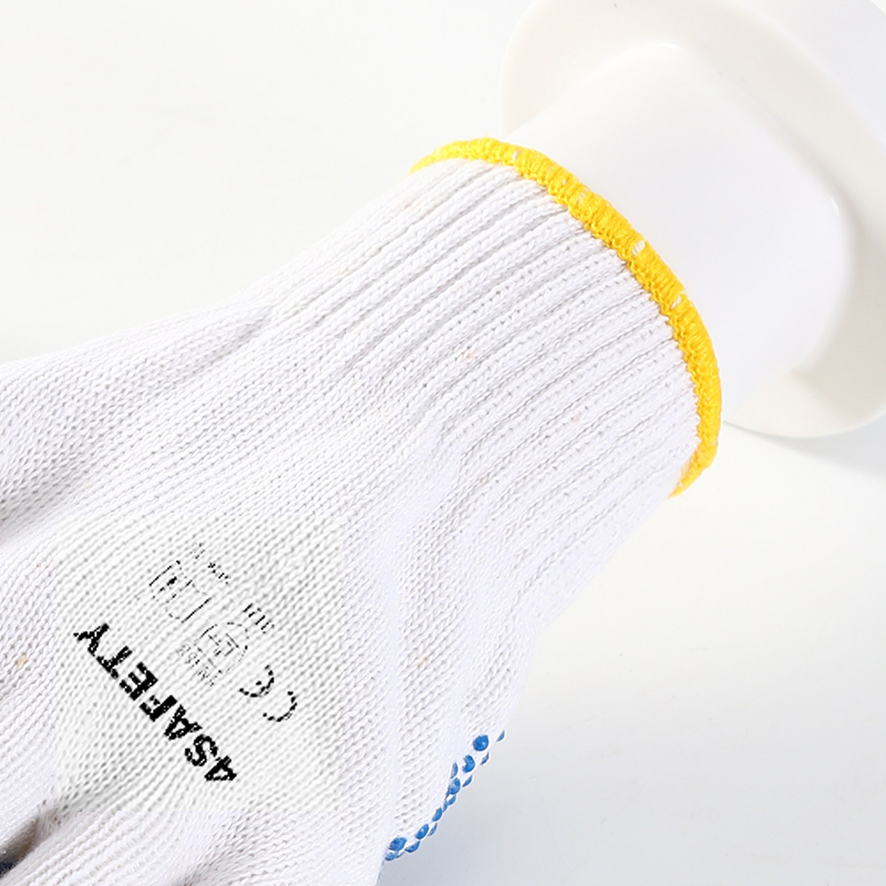 Blue color PVC dotted bleached white cotton gloves