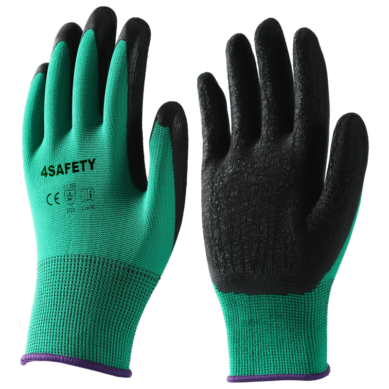 Green polyester with black crinkle latex coated gloves
