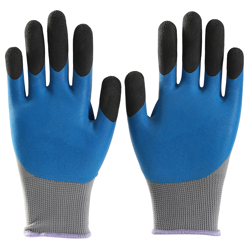 Gray polyester with blue latex foam half coating gloves finger strengthen
