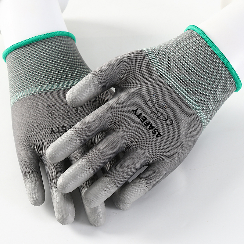 Gray PU Coated Finger Dipping Polyester Gloves