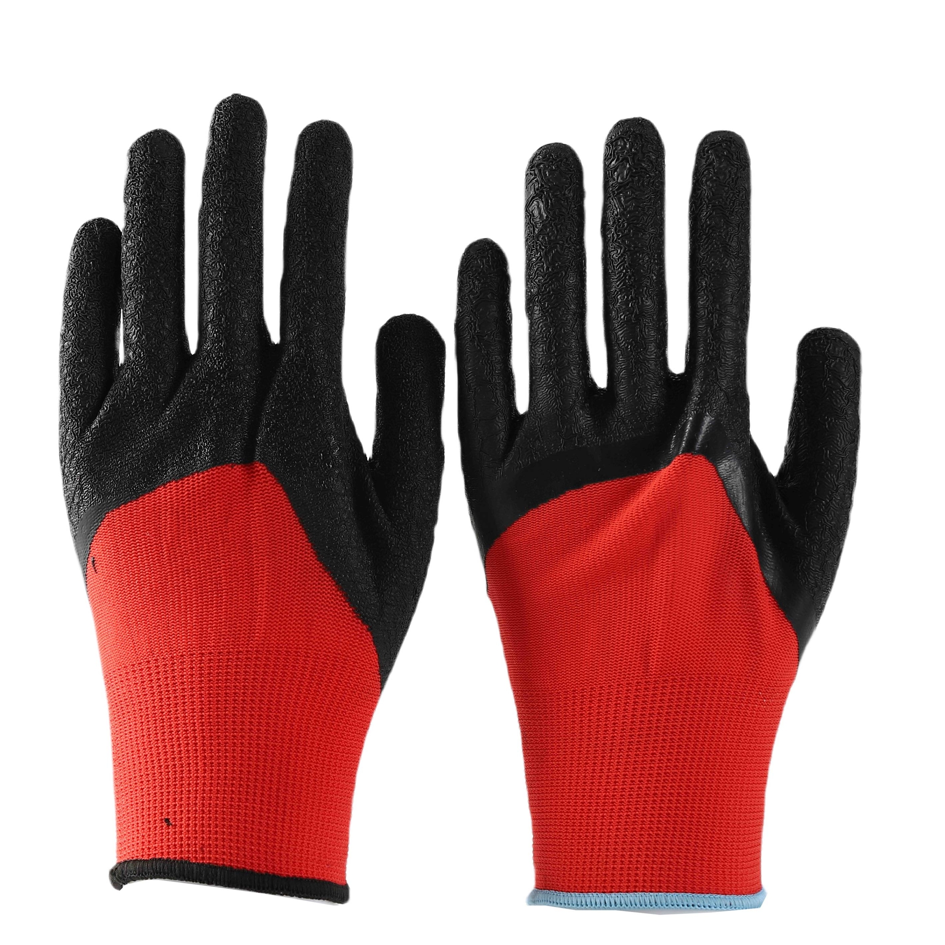 Red polyester with black crinkle latex half coated gloves