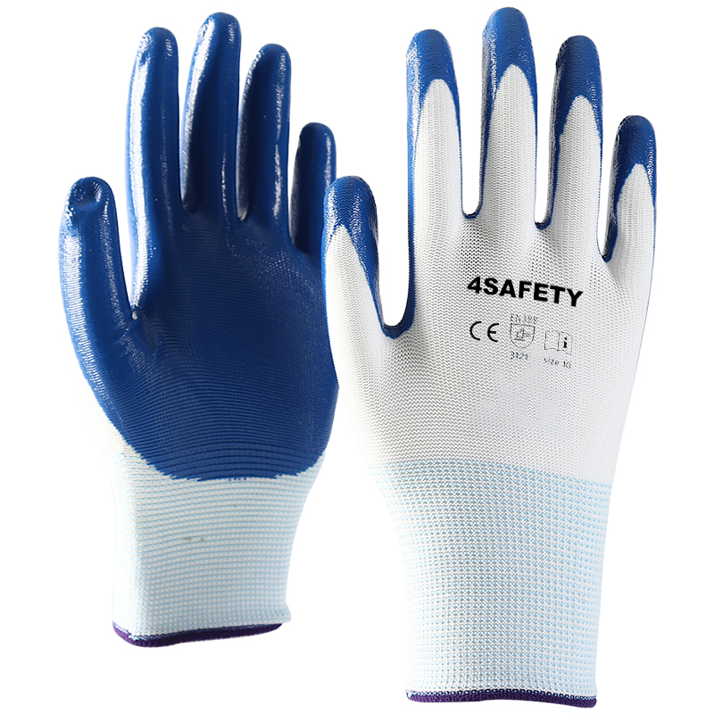 Top Selling 13 Gauge White Polyester Blue Nitrile Dipped Work Gloves