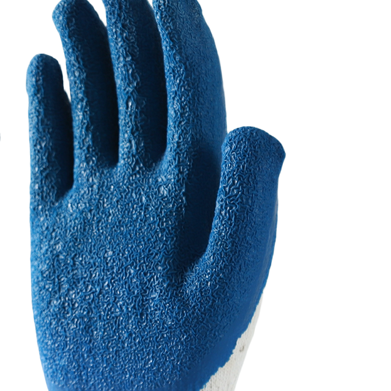 White cotton with blue latex crinkle coating gloves