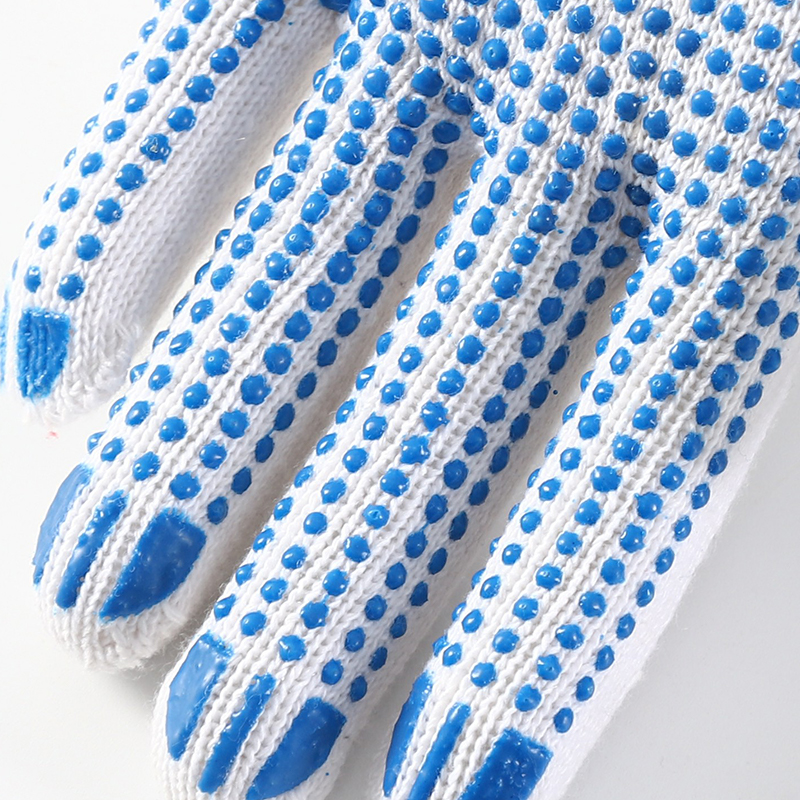 Blue color PVC dotted bleached white cotton gloves