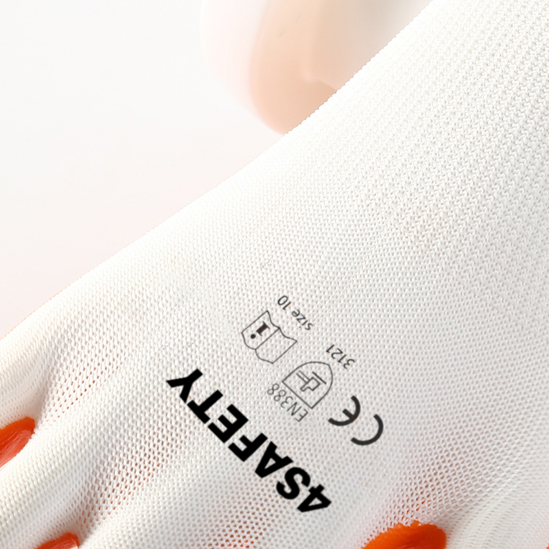 White polyester with orange nitrile coating gloves