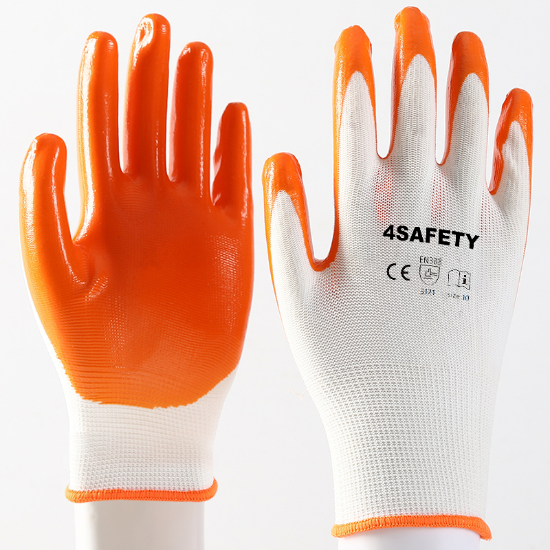 13G Polyester Waterproof Safety Work Orange Nitrile Coated Gloves