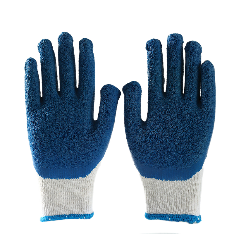 White cotton with blue latex crinkle coating gloves