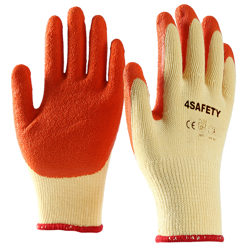 Yellow cotton with orange latex crinkle coating gloves