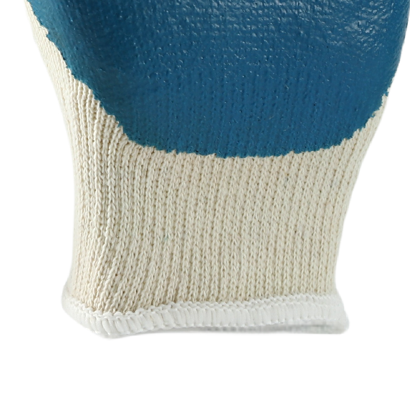 White cotton with blue latex crinkle coating gloves