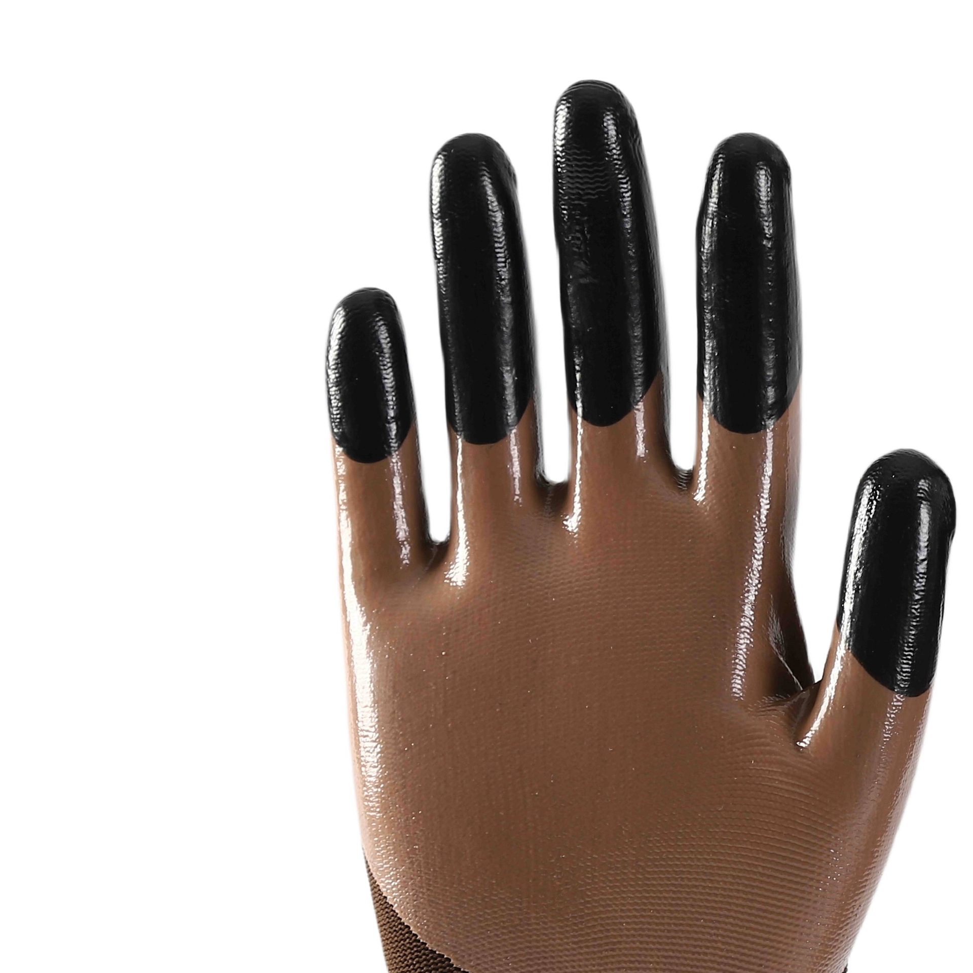 Brown polyester with brown nitrile Half Coated Gloves