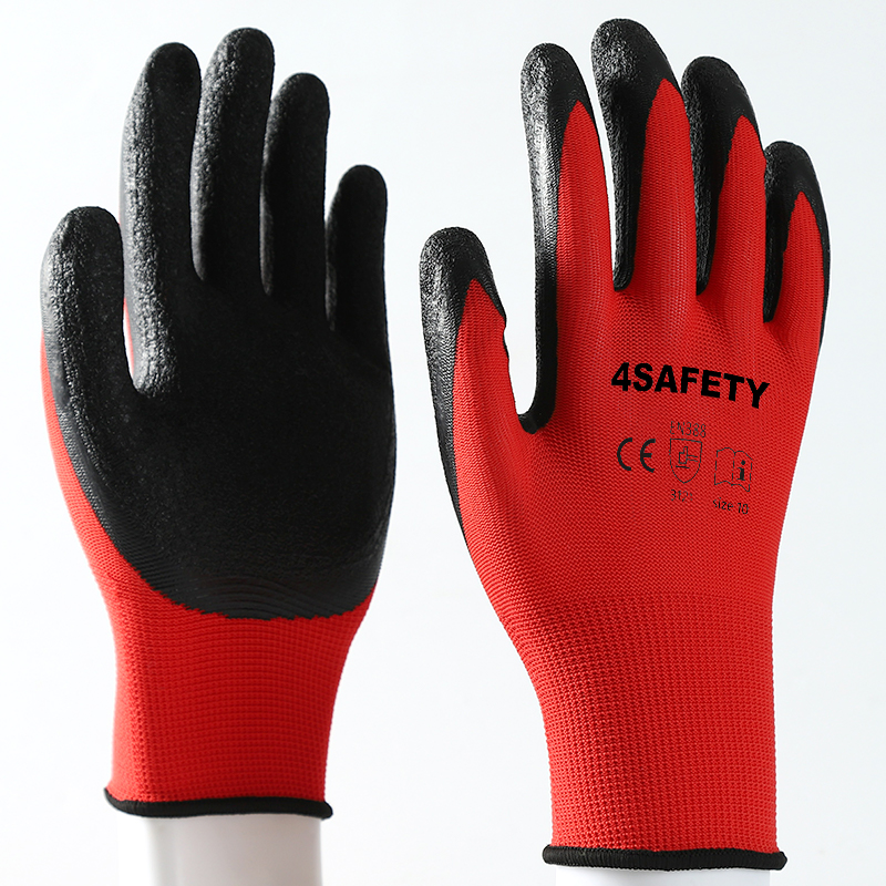 Red polyester with black crinkle latex coated gloves