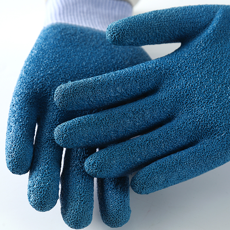 Blue cotton with blue latex crinkle coating gloves