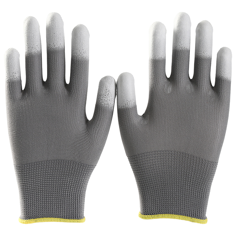 Hot Sale Grey Pu Finger Coated Glowes Working Polyester Lining Pu Dipping Safety Working Gloves