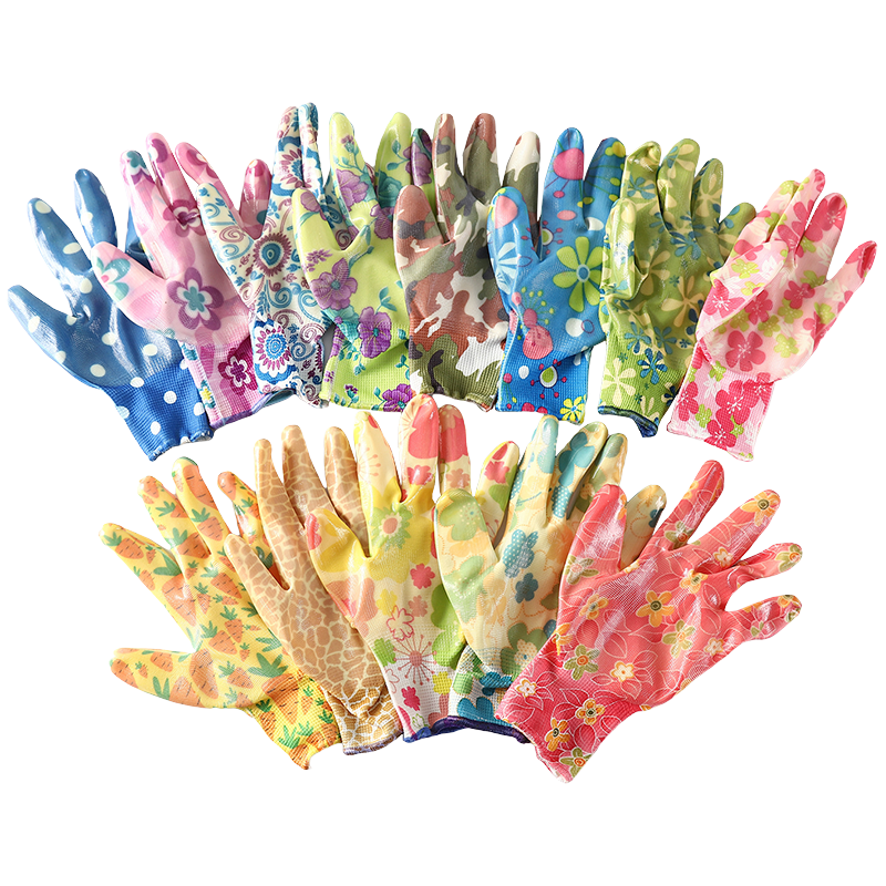 Promotional 13G Polyester Flower Design Shell Waterproof Oil Resistant Safety Gloves