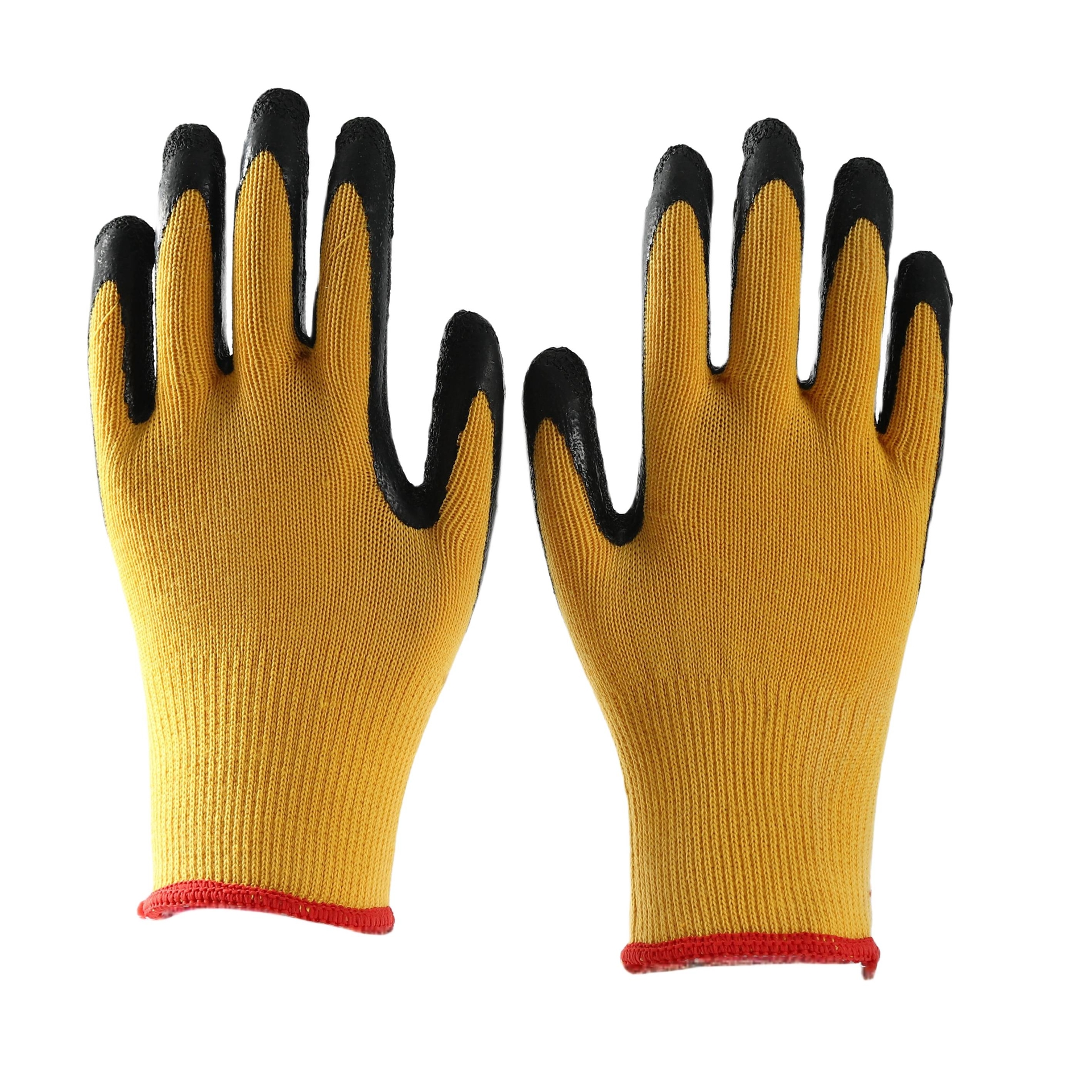 Yellow cotton with black latex crinkle coating gloves