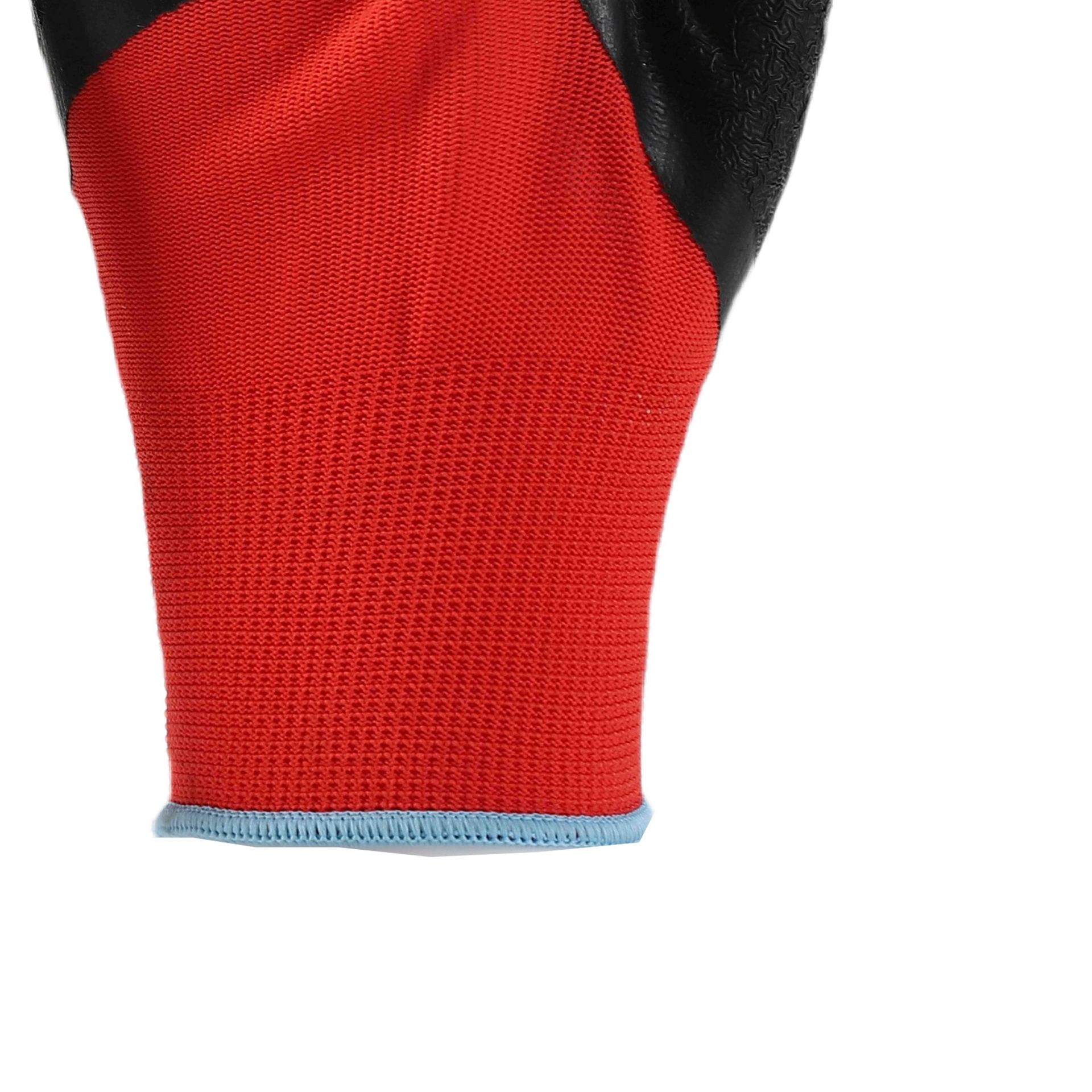 Red polyester with black crinkle latex half coated gloves