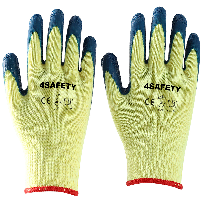 Yellow cotton with blue latex crinkle coating gloves