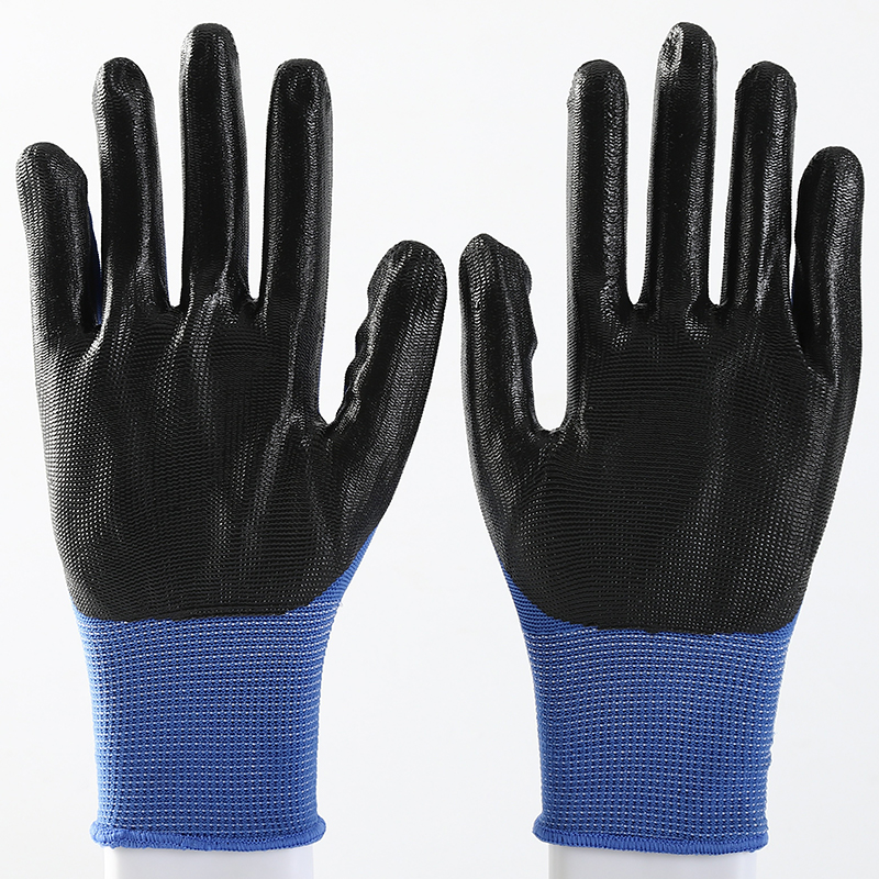 Custom 13 Gauge Black Nitrile Coated Blue Work Safety Gloves
