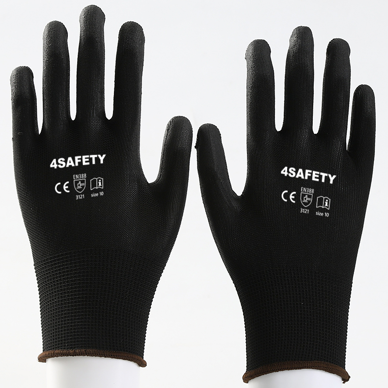 Black polyester with black pu coating gloves