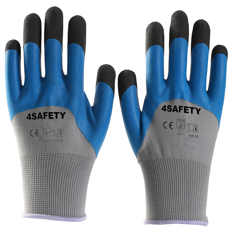 Gray polyester with blue latex foam half coating gloves finger strengthen