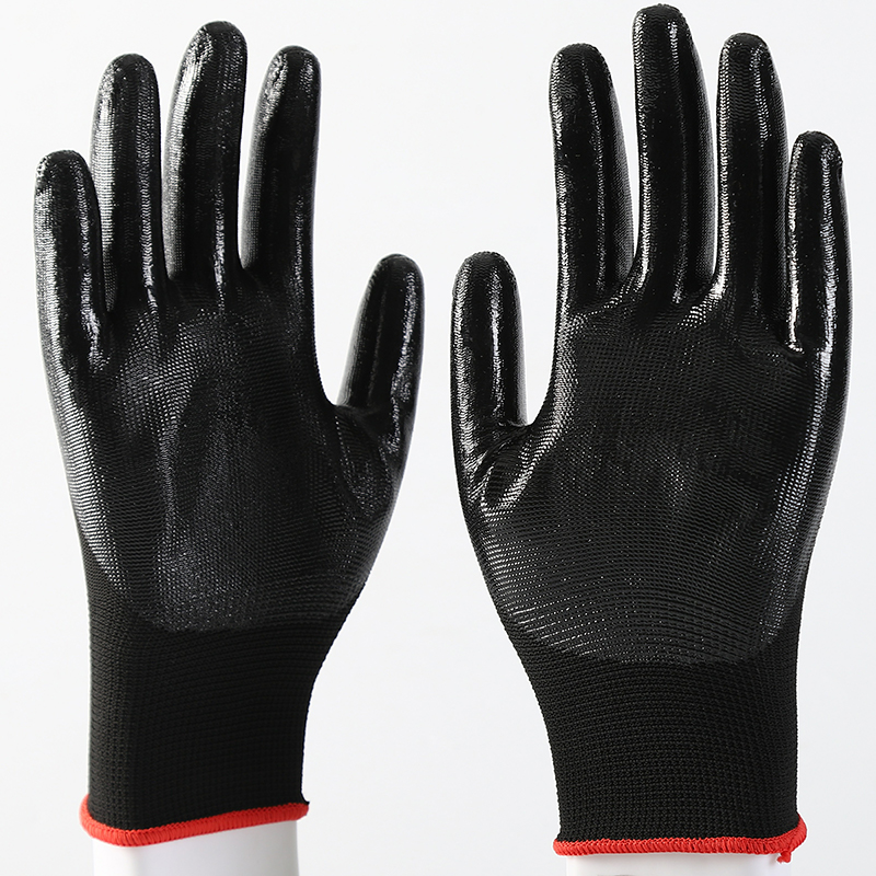 Black polyester with black nitrile coating gloves