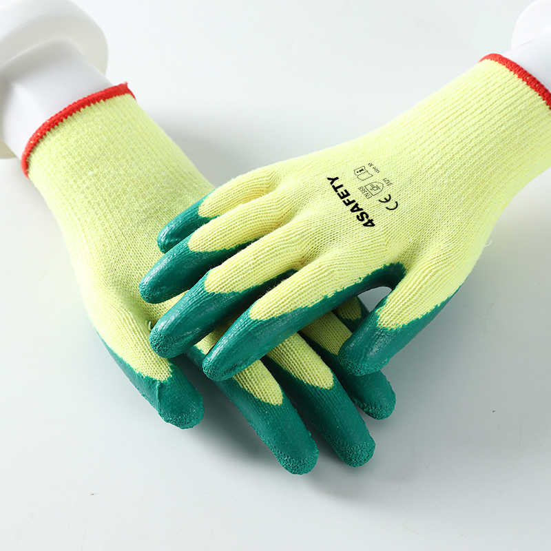Yellow And Green Latex Coated Crinkle Wrinkle Cotton Gloves