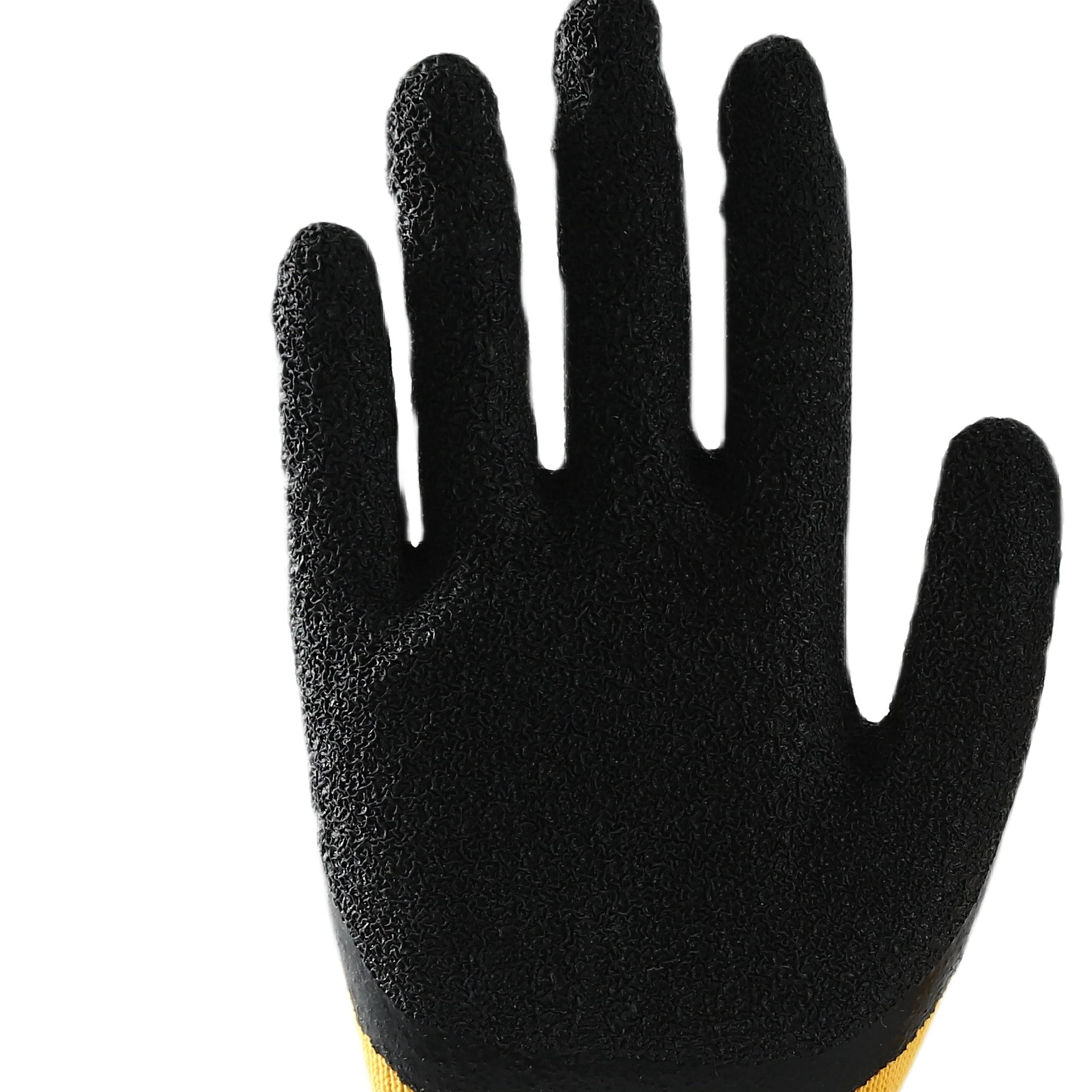 Yellow cotton with black latex crinkle coating gloves