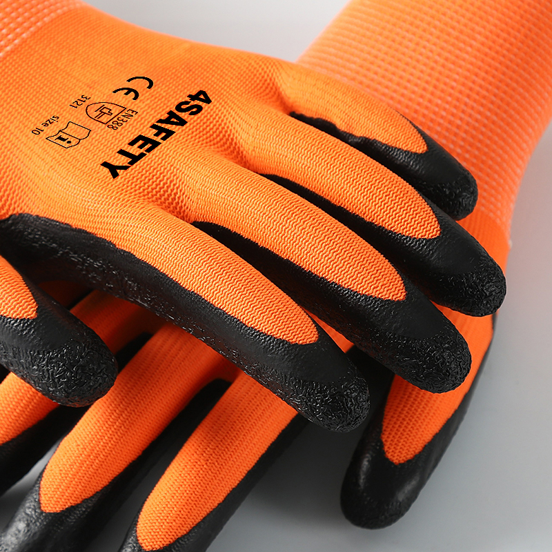 Orange polyester with black crinkle latex coated gloves