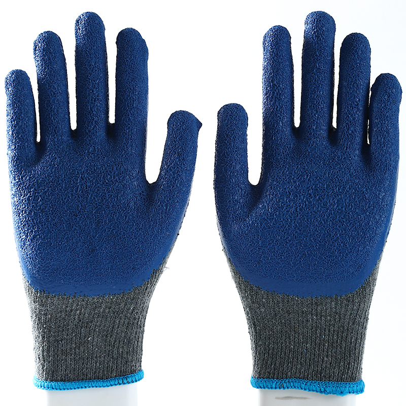 Gray cotton with blue latex crinkle coating gloves