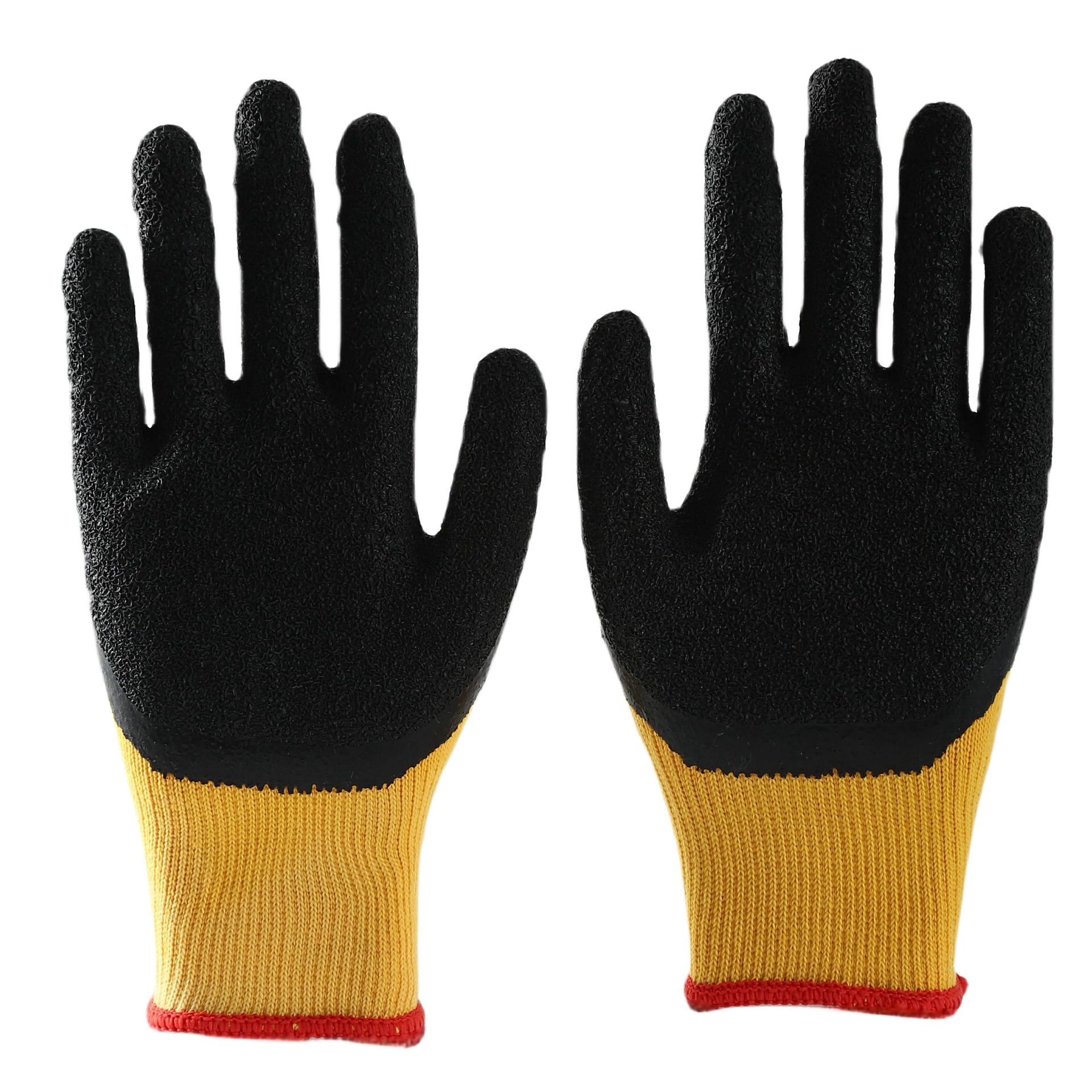 Yellow cotton with black latex crinkle coating gloves