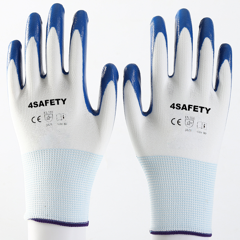 White polyester with blue nitrile coating gloves
