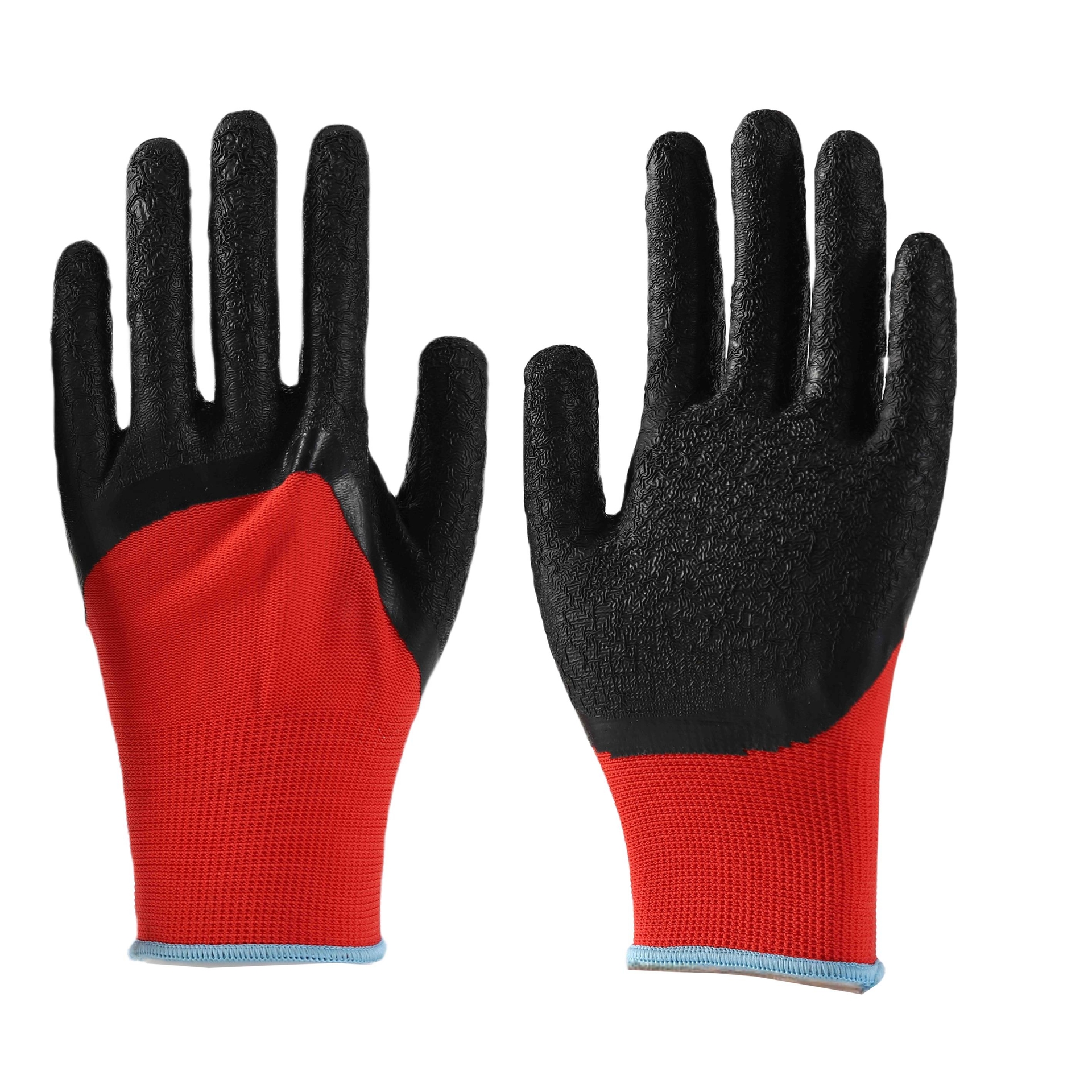 Red polyester with black crinkle latex half coated gloves