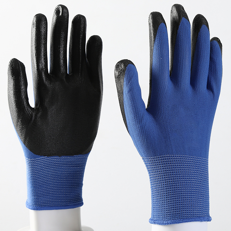 Custom 13 Gauge Black Nitrile Coated Blue Work Safety Gloves