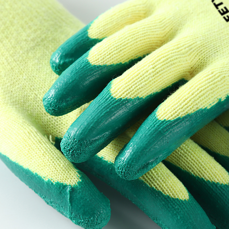 Custom Knit Cotton Lined Green Yellow Double Coating Palm Latex Dipped Gloves