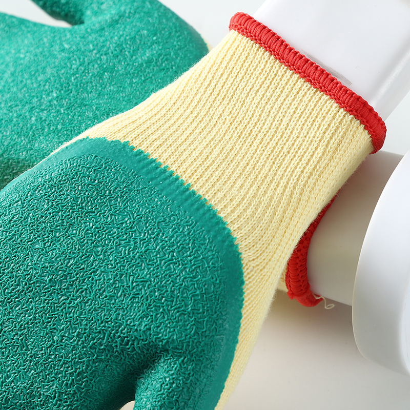 Yellow cotton with green latex crinkle coating gloves
