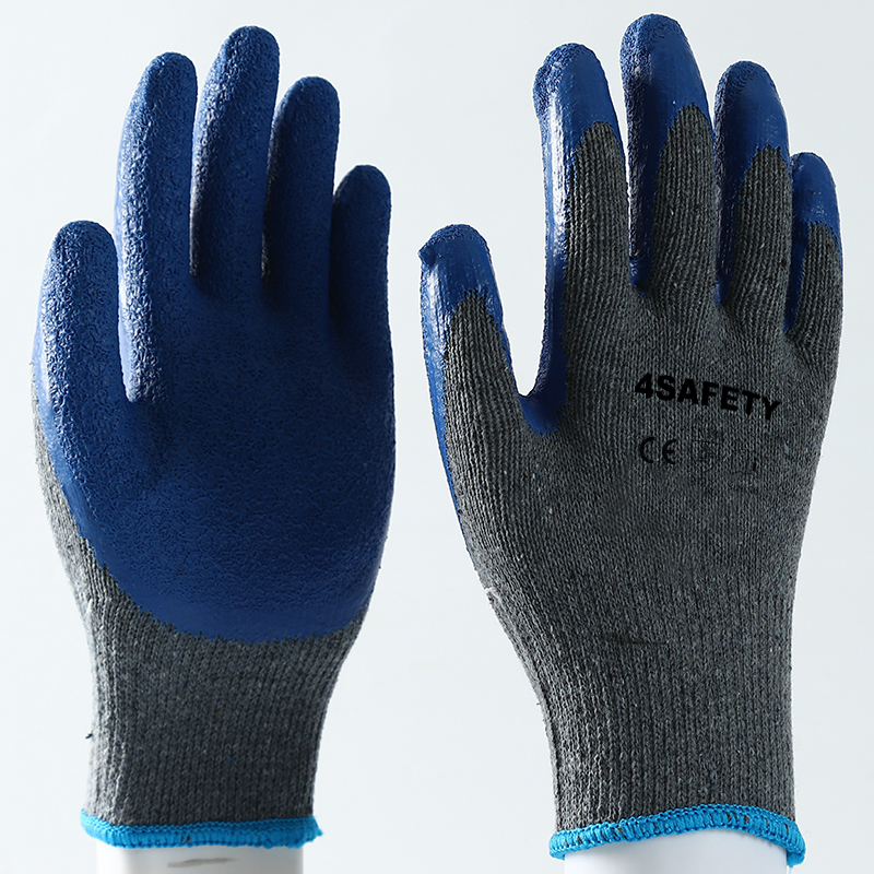 Gray cotton with blue latex crinkle coating gloves