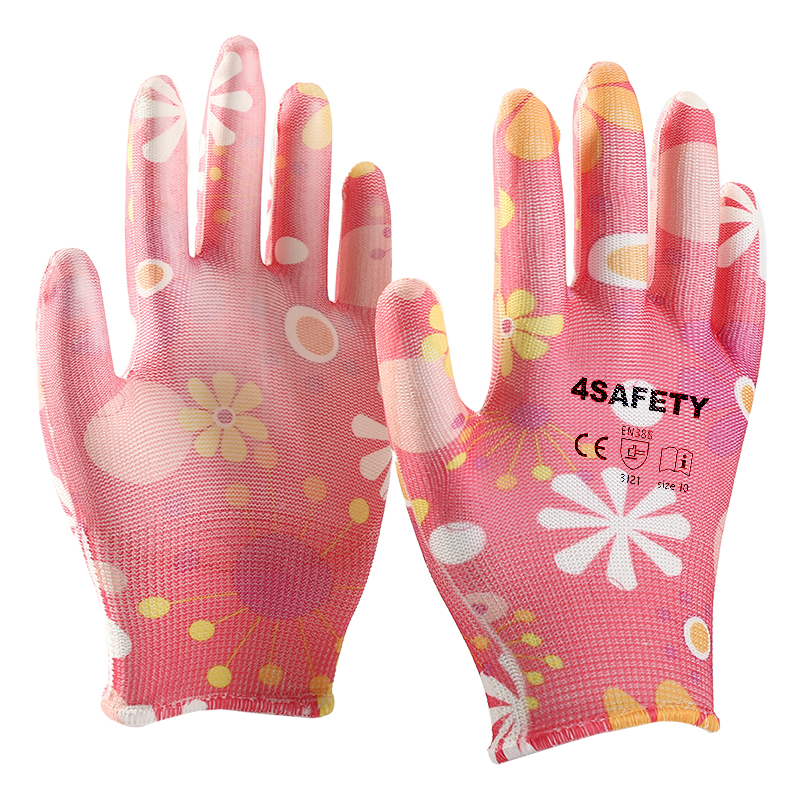 Custom Flower Pattern Women 13G Coated PU Working Safety Gloves