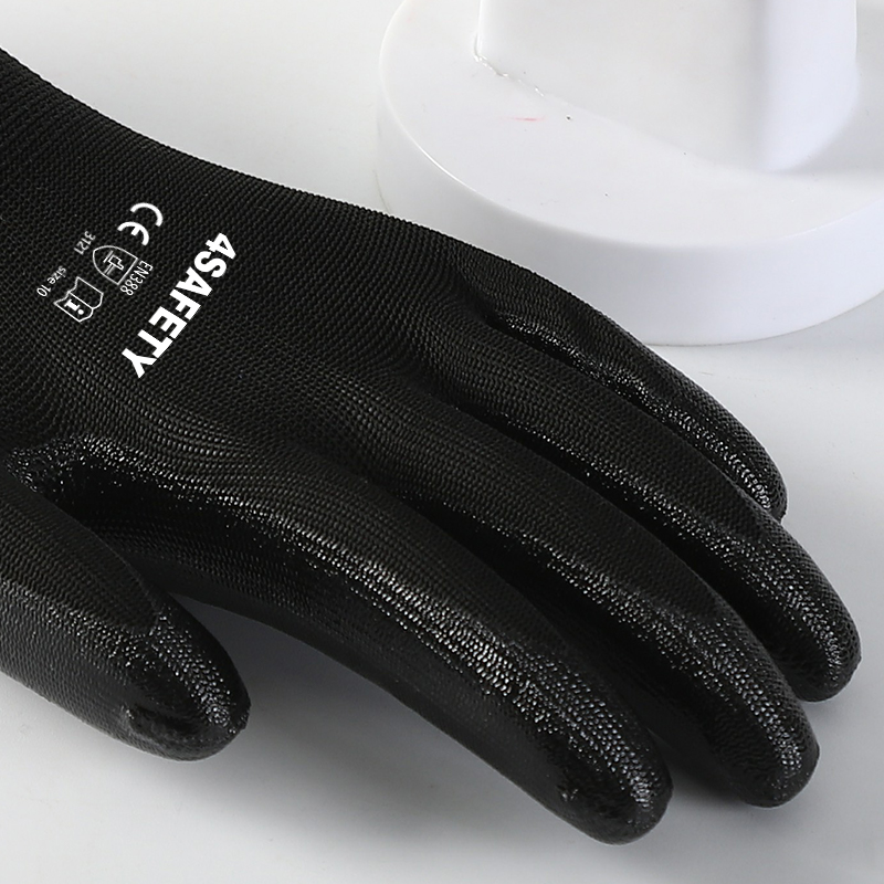 Black polyester with black nitrile coating gloves