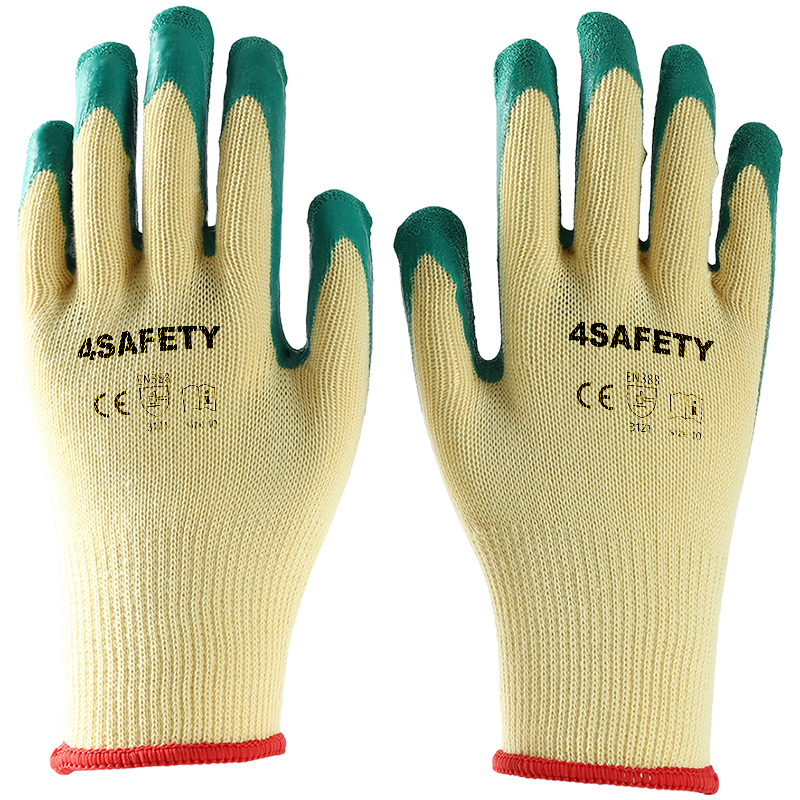 Yellow cotton with green latex crinkle coating gloves