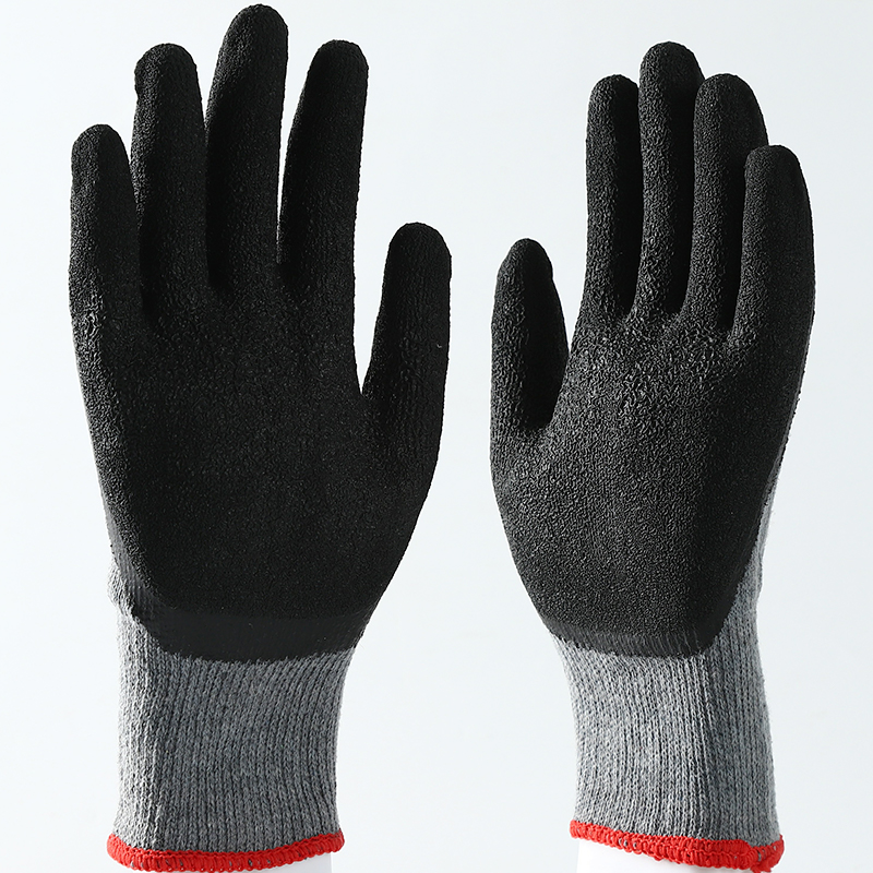 Gray cotton with black latex crinkle coating gloves